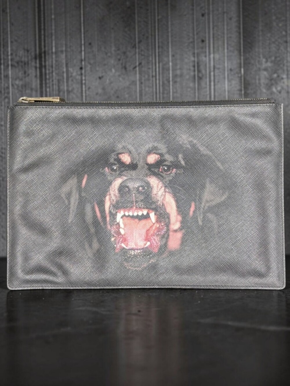 Givenchy Rottweiler Print Black Saffiano Leather Medium Pouch Clutch
